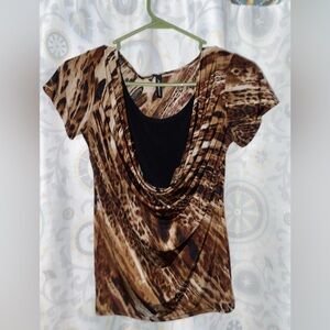Jason Maxwell Brown Silky Animal Print Cowl Neck Top